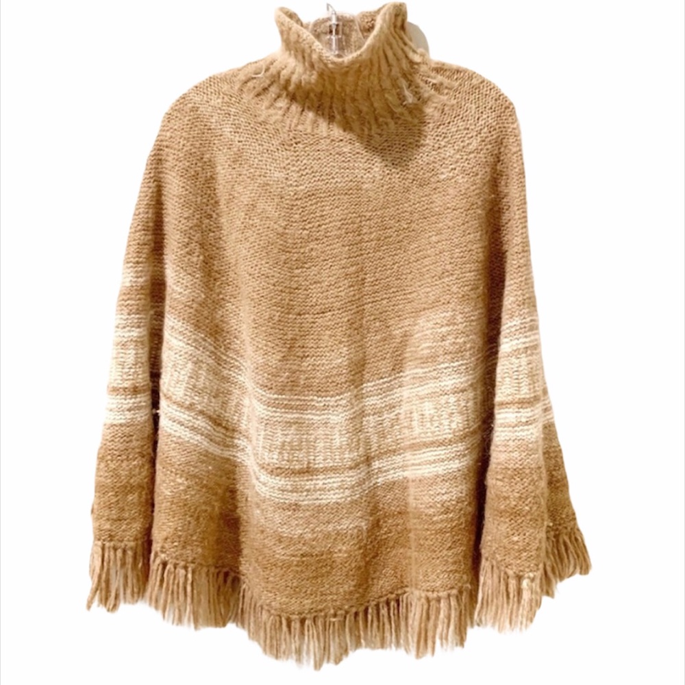 VINTAGE 70’s Camel Tan Mohair Poncho Aztec - Picture 2 of 6